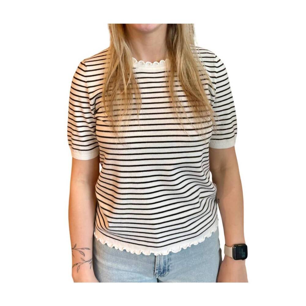 NEW OUI short sleeve striped sweater in off white brown